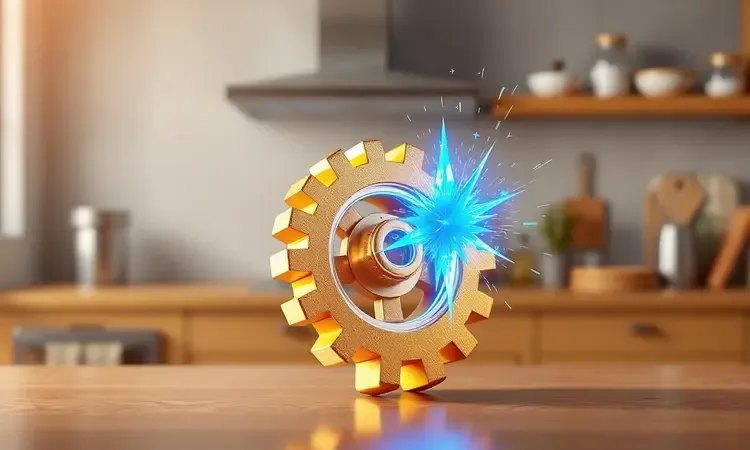Ilustração 3D conceitual simbolizando a qualidade e durabilidade de eletrodomésticos modernos de cozinha em um ambiente clean.