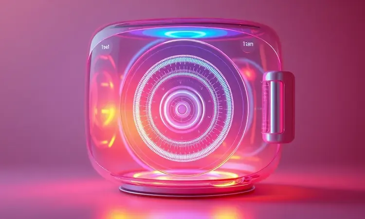 Ilustração 3D técnica mostrando a circulação de calor e o desempenho interno de uma air fryer moderna de forma conceitual.