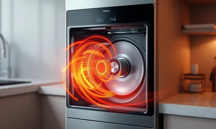 Representação conceitual 3D de fluxos de ar quente circulares e intensos dentro de um eletrodoméstico moderno.
