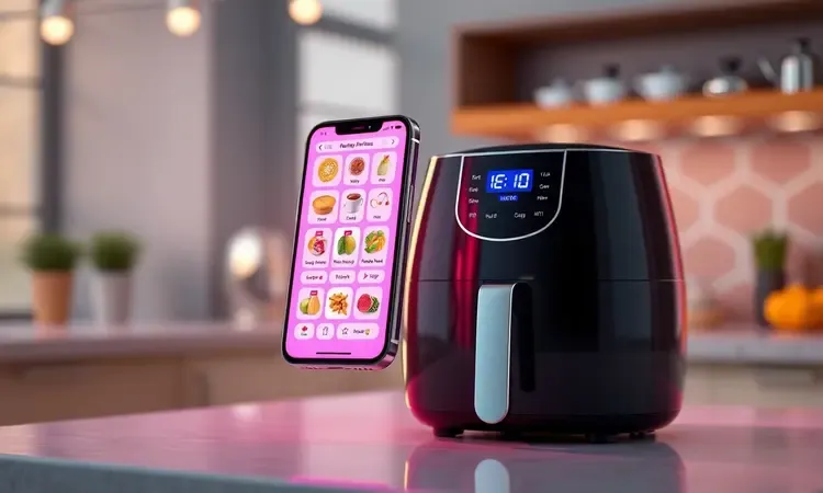 Representação conceitual 3D de um smartphone com receitas ao lado de uma fritadeira elétrica.