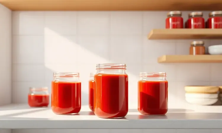 Potes de vidro limpos e organizados contendo molho de tomate caseiro vibrante em uma prateleira moderna.