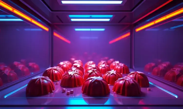 Ilustração 3D de bombons de chocolate em um ambiente moderno com controle de temperatura e cores vibrantes.
