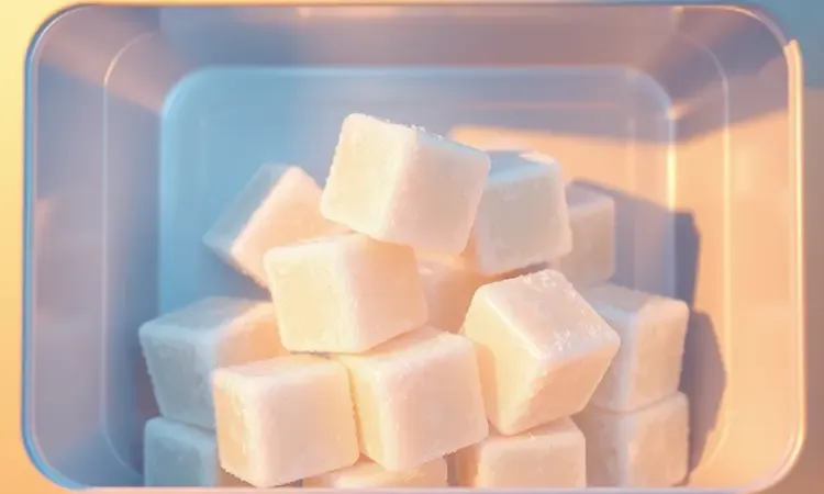 Visualização 3D de cubos de tapioca congelados com cristais de gelo em um recipiente minimalista azul e dourado.