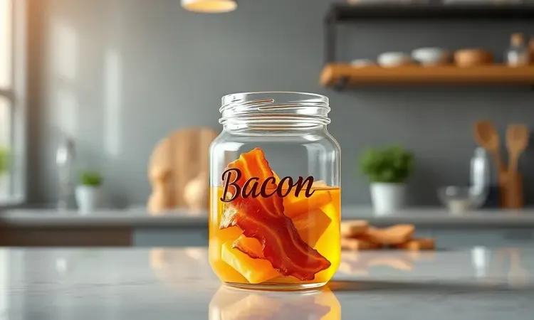 Recipiente de vidro moderno contendo gordura de bacon líquida e dourada, refletindo luz quente em ambiente de cozinha 3D.