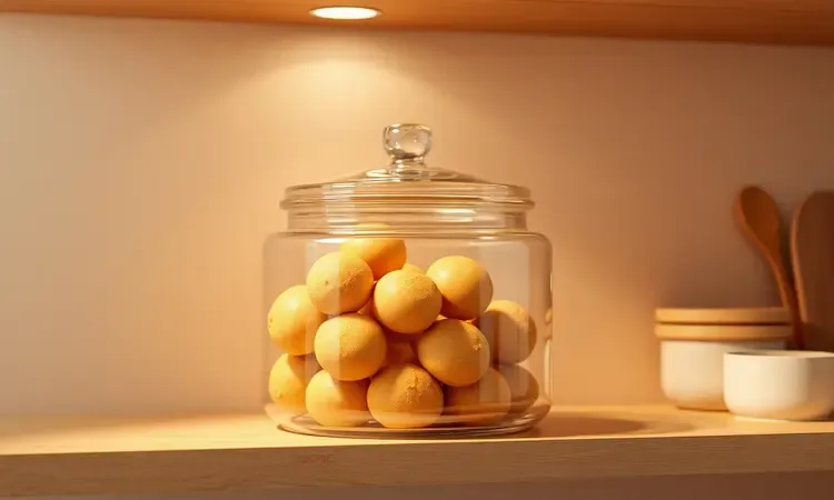 Pote de vidro hermético contendo bolinhos de chuva dourados em uma bancada de cozinha organizada e aconchegante.