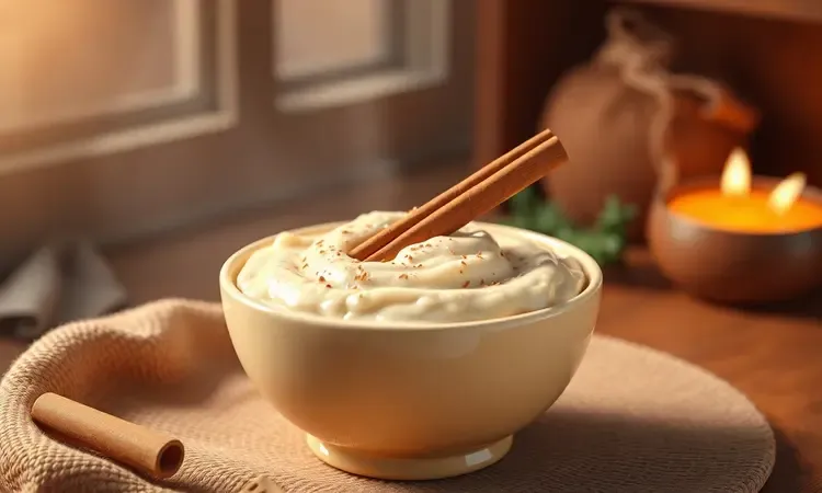 Tigela de arroz doce cremoso com canela em uma composição 3D artística e vibrante.