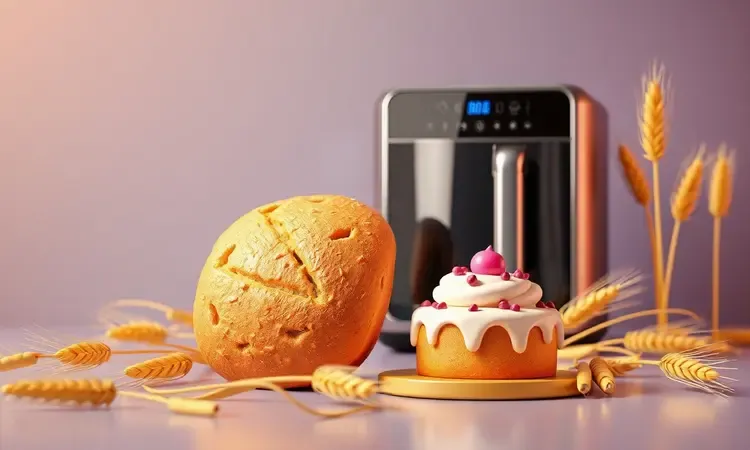 Ilustração 3D conceitual de pães e bolos preparados de forma artística em uma fritadeira elétrica.