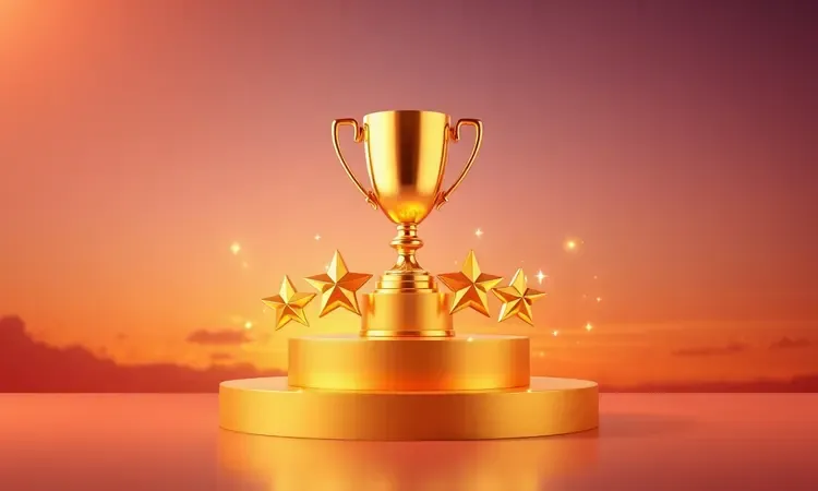 Troféu dourado e cinco estrelas brilhantes simbolizando excelente reputação e satisfação do consumidor.