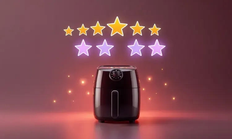 Representação visual abstrata de feedback positivo e estrelas brilhantes simbolizando a satisfação dos usuários com aparelhos de cozinha.