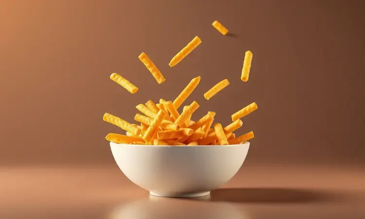 Batatas fritas douradas e crocantes flutuando em uma cena conceitual 3D com iluminação quente.