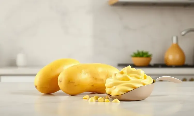 Batatas amarelas e purê cremoso em uma composição 3D artística para representar a liga da massa.