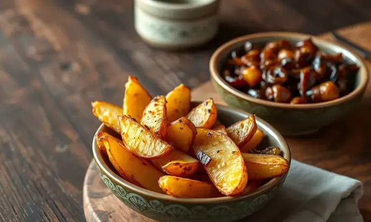 Batatas rústicas douradas e crocantes servidas em uma tigela estilizada como acompanhamento de hambúrguer.