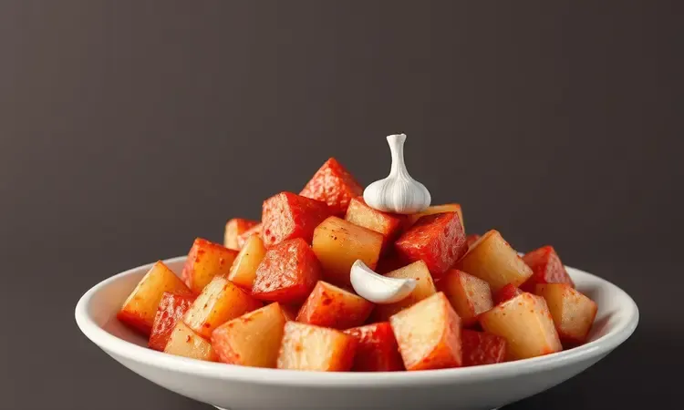 Batata sauté temperada com páprica defumada e alho em uma tigela moderna, destacando tons de vermelho e laranja.