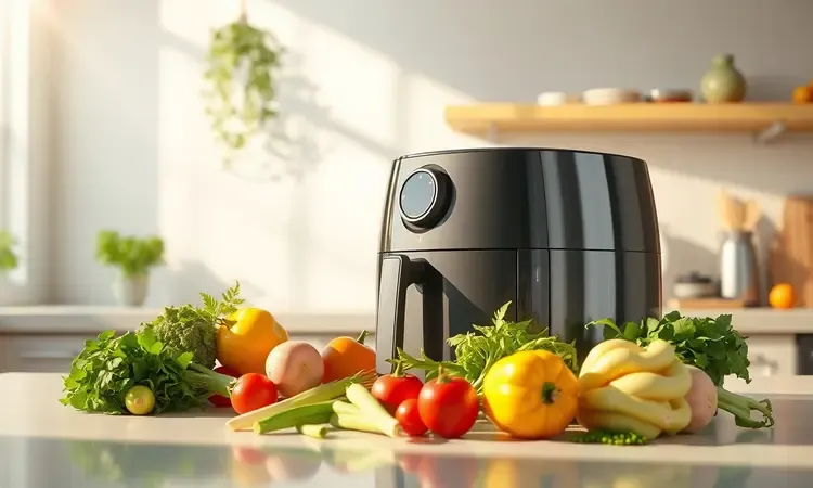 Cena conceitual 3D de vegetais frescos e uma fritadeira sem óleo em uma cozinha clara e moderna.