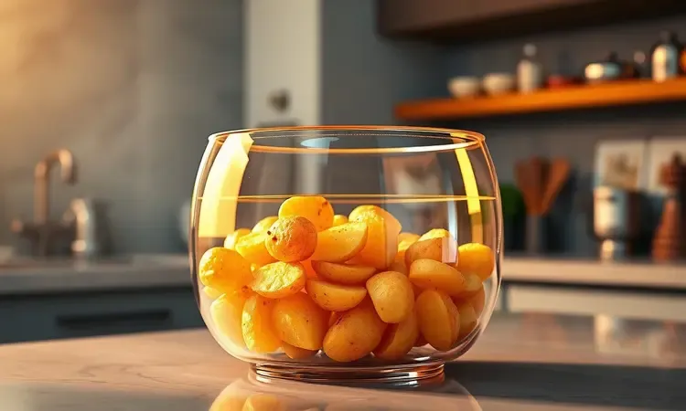 Cesto de vidro transparente de uma fritadeira elétrica com batatas rústicas e luz quente vibrante.