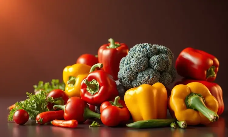 Legumes frescos e coloridos em estilo 3D representando os benefícios de uma alimentação saudável na air fryer.