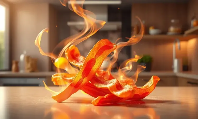 Representação conceitual 3D de fatias de bacon douradas com fluxos de ar quente circulando ao redor em uma composição moderna.