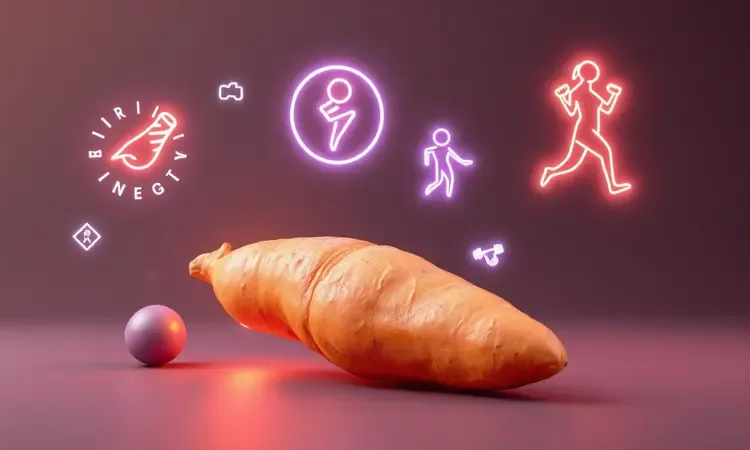 Conceito 3D ilustrando os benefícios energéticos e saudáveis da batata-doce para o bem-estar.