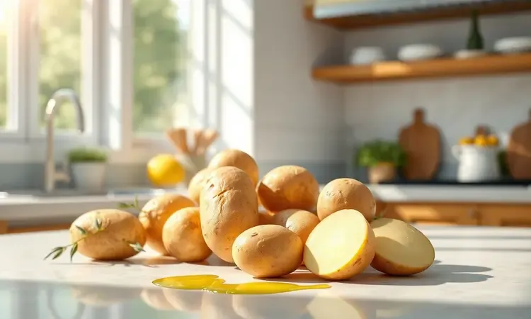 Ingredientes naturais e frescos como batatas e azeite para preparar batata palha saudável em casa.