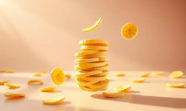 Fatias de banana flutuando em um ambiente vibrante e iluminado, representando um snack energético e saudável.