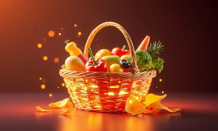 Representação conceitual em 3D de vegetais frescos se transformando em chips crocantes e saudáveis.