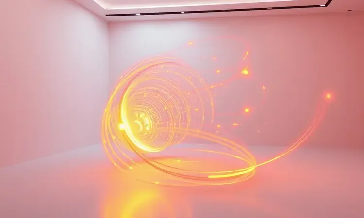 Ilustração 3D conceitual de ondas de calor douradas simulando a circulação de ar quente em uma cozinha moderna.