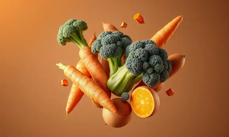 Vegetais coloridos e frescos flutuando em uma composição artística para representar alimentação saudável na air fryer.