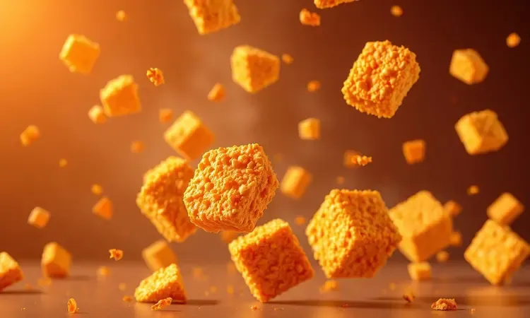 Cena 3D abstrata representando a crocância e os benefícios de uma alimentação saudável e dourada.
