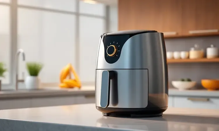 Fritadeira elétrica moderna em destaque na cozinha com iluminação suave e tecnológica.