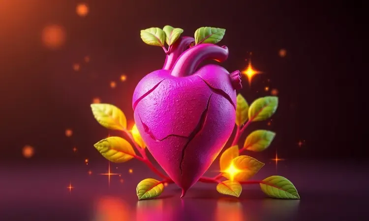Ilustração conceitual de uma beterraba vibrante simbolizando saúde e vitalidade com iluminação dourada e fundo colorido.