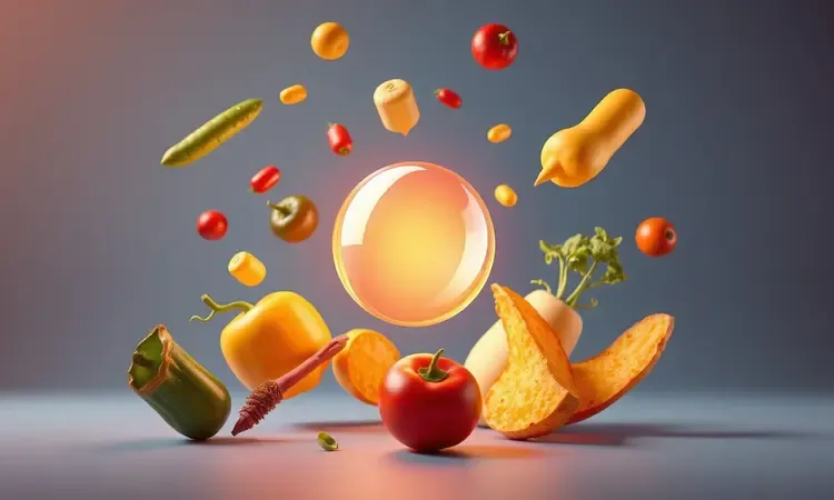 Elementos conceituais 3D representando a circulação de ar quente e alimentos saudáveis em uma air fryer.