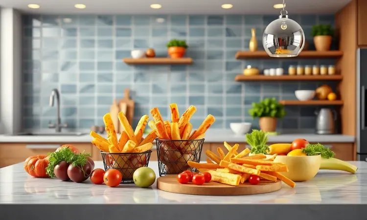 Snacks saudáveis e coloridos dispostos de forma artística em uma bancada de cozinha moderna em renderização 3D vibrante.