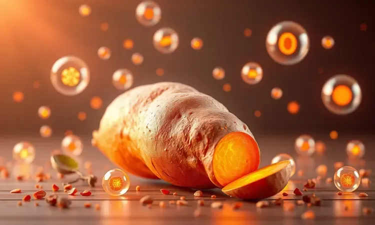 Representação estilizada da batata-doce cercada por elementos que simbolizam saúde e nutrição.