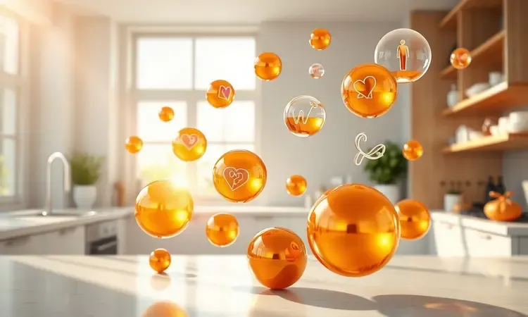Ilustração 3D conceitual representando vitaminas e benefícios nutricionais em um ambiente de cozinha moderno e iluminado.