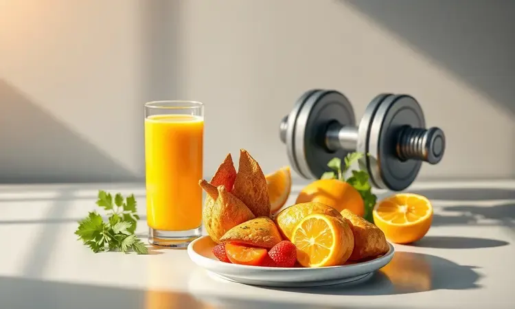 Cena conceitual unindo uma crepioca nutritiva e elementos de treino como halteres leves em um ambiente ensolarado.