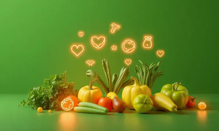 Representação conceitual 3D dos benefícios nutricionais do jiló com cores vibrantes e iluminação quente.