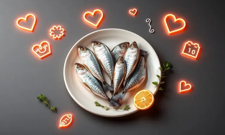 Ilustração 3D conceitual de peixes pequenos e saudáveis em um prato, destacando os benefícios nutricionais do ômega-3.