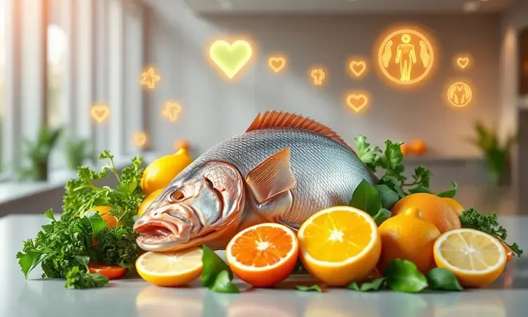 Ilustração conceitual 3D de uma posta de peixe fresca rodeada por vegetais vibrantes e ícones de saúde.