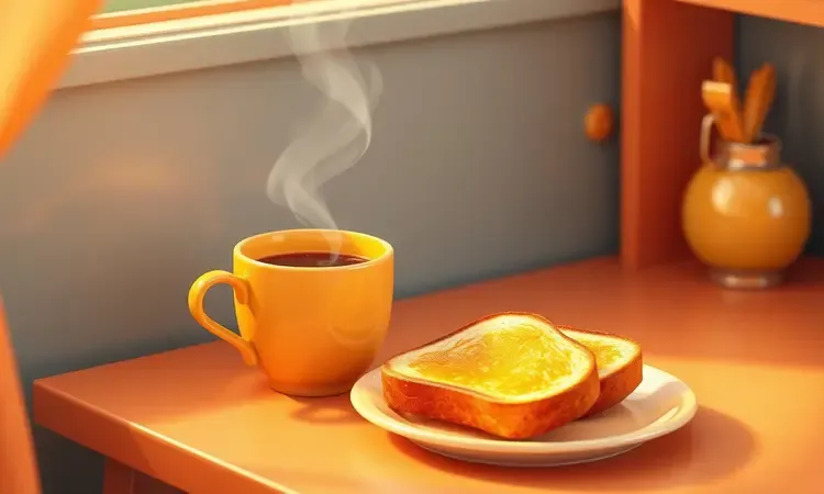 Cena de café da manhã aconchegante com café e torrada em renderização 3D vibrante com cores quentes.