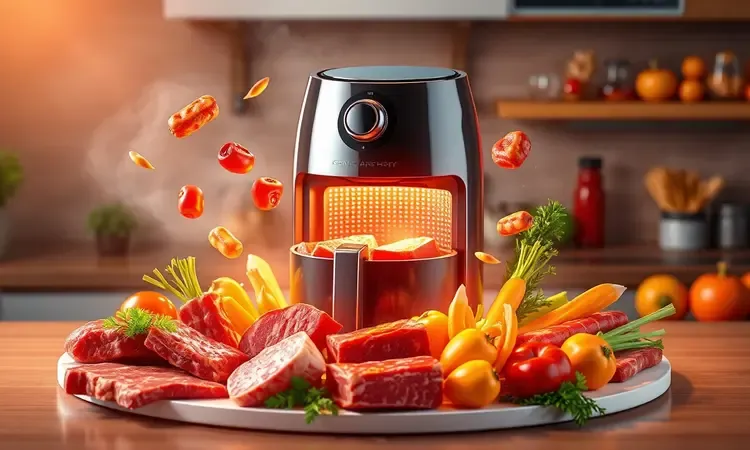 Ilustração 3D conceitual de diversos cortes de carne e vegetais flutuando ao redor de uma fritadeira elétrica moderna.