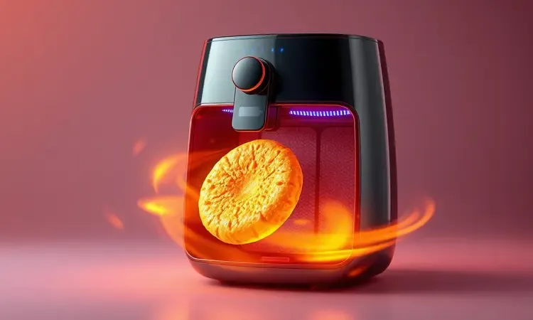 Representação artística em 3D de uma airfryer moderna com ondas de calor douradas preparando uma crepioca crocante.