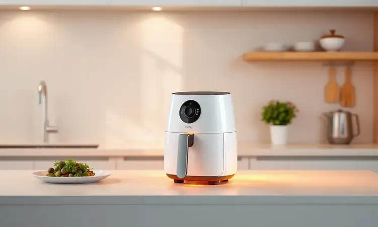 Cozinha moderna e minimalista com uma air fryer estilizada destacando a praticidade e tecnologia do preparo de alimentos.