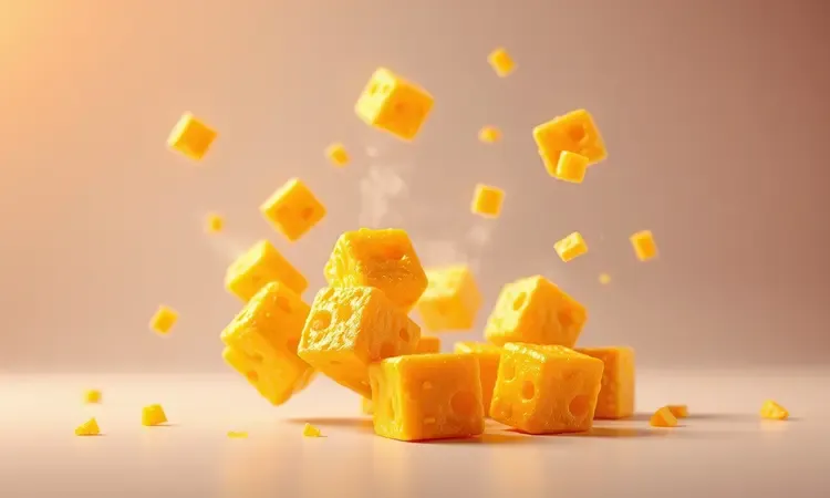 Queijo coalho dourado e crocante flutuando em um ambiente conceitual de luzes quentes e vibrantes.