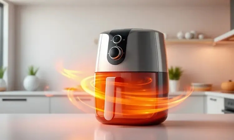 Ilustração 3D conceitual de uma fritadeira elétrica moderna com luz dourada simbolizando calor e eficiência.