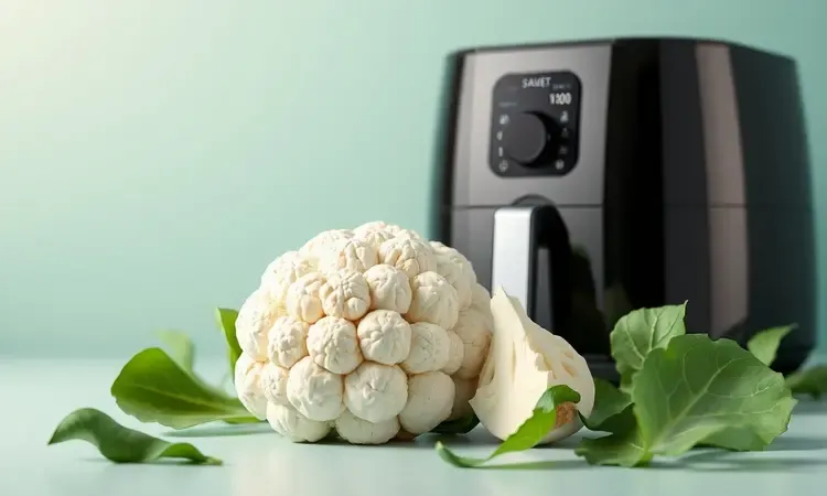 Representação conceitual em 3D de uma couve-flor fresca ao lado de uma fritadeira elétrica moderna e minimalista.