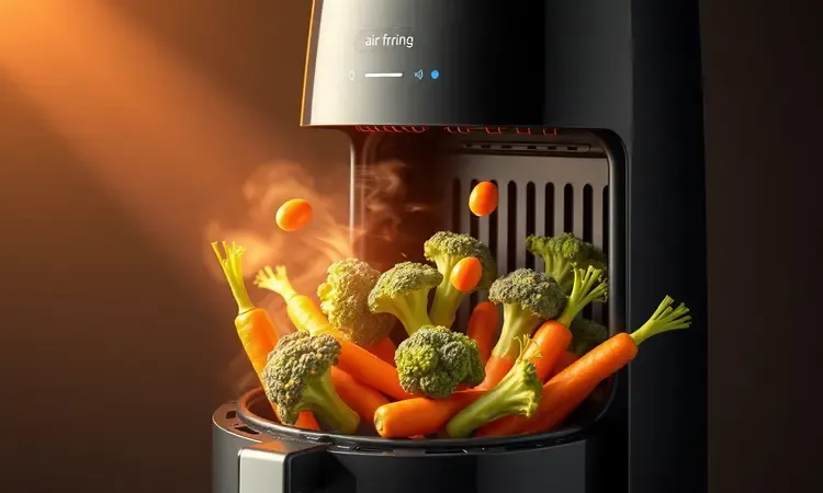 Visualização conceitual 3D de vegetais frescos e saudáveis sendo preparados em uma air fryer moderna com iluminação quente.
