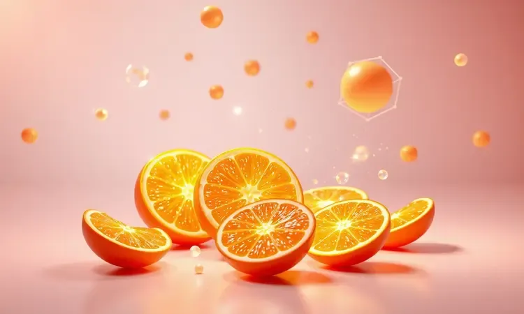 Fatias de laranja vibrantes em ambiente conceitual representando benefícios à saúde e vitalidade.