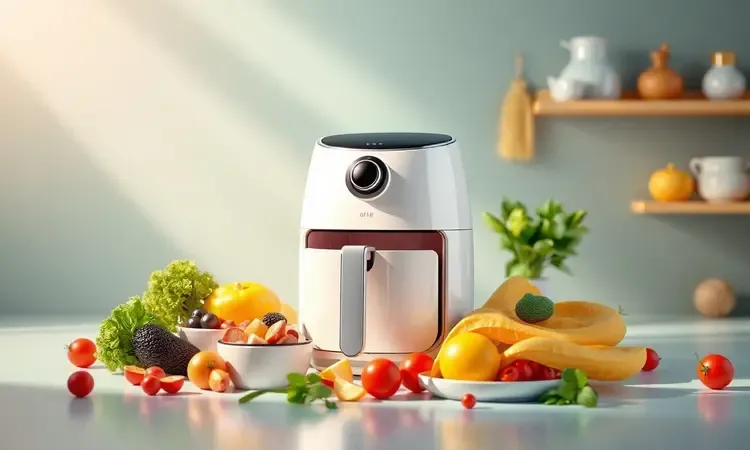 Ilustração 3D conceitual representando a praticidade e saúde de cozinhar com airfryer e ingredientes frescos.