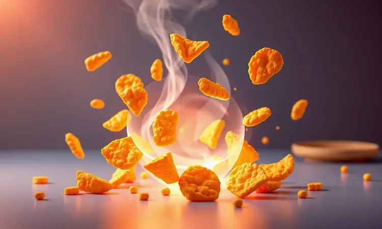 Ilustração 3D conceitual mostrando os benefícios de saúde e praticidade de uma fritadeira sem óleo.