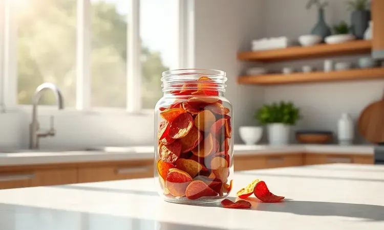 Pote de vidro moderno contendo chips de frutas desidratadas coloridas e vibrantes em uma bancada de cozinha estilizada.